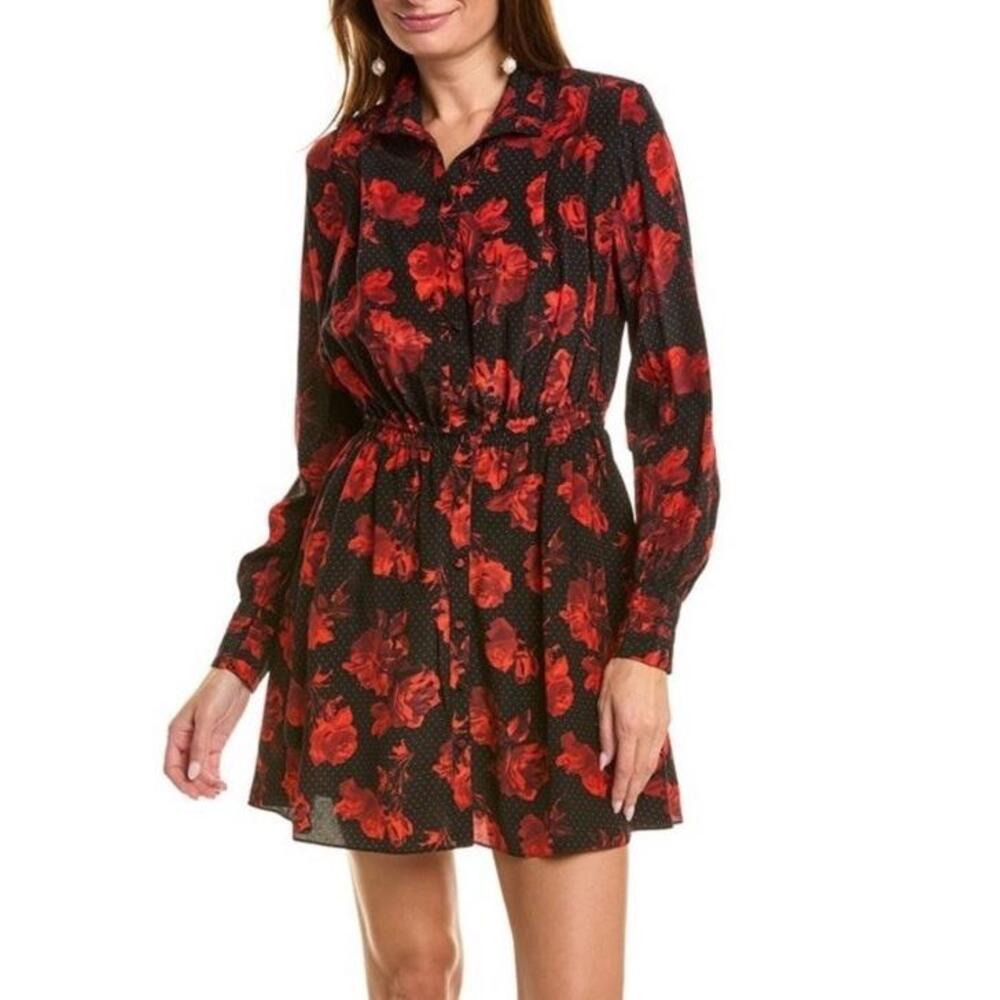 The Kooples Dot & Rose Print Silk Dress Size 3 M/L Red Black Moody Goth Glam